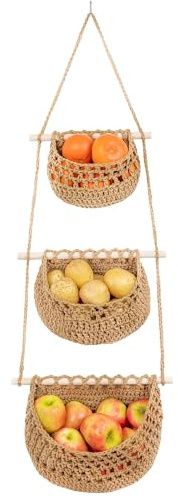 JMZ E Home Cotton Hanging Fruit Basket, 3 Tier Woven Wall Basket, Hanging storage baskets for Kitchen and Bathroom, Macrame Wall Hanging, Boho Decor Over The Door Organizer, Brown