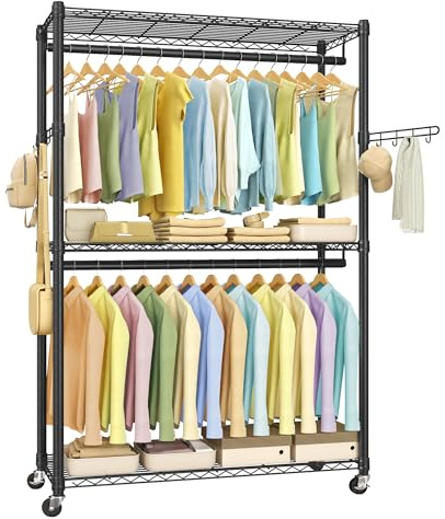SONGMICS Rolling Portable Wardrobe, Heavy-Duty Metal Clothes Rack on Wheels, with Adjustable Shelves and Hanging Rails, Hooks, 40 x 110 x 199 cm, Ink Black LGR414B01
