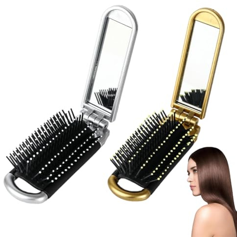YUVKIN 2 Pcs Spazzola da Viaggio con Specchio Integrato Mini Spazzola per Capelli Pieghevole Pettine Portatile per Donna Uomo (Dimensione da Viaggio) (Oro, Argento)