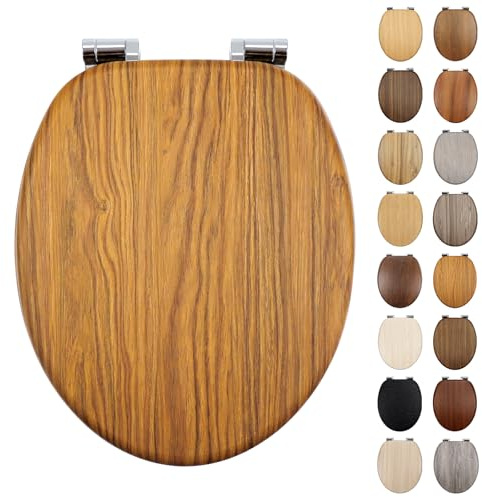 Fanmitrk Standard Wooden Toilet Seat Soft Close, MDF Adjustable Hinges with Bottom Fixture,Easy to Clean and Install for Bathroom (JHE99-2-01A)