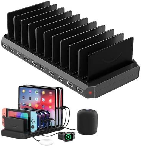 Estación de carga USB de 60 W con 10 puertos para múltiples dispositivos, estación de carga múltiple para múltiples dispositivos con divisores ajustables y cable de alimentación de 1,5 m compatible