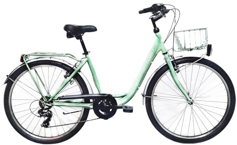 CLOOT Bicicleta Paseo Urbana Relax 26 con Cesta Portaequipajes Cambio 6 Velocidades Cuadro Bajo Comoda Estilo Clasico Confort Diario Uso Ciudad Ligera Diseño Elegante Hombre Mujer 155-178 cm (Verde)