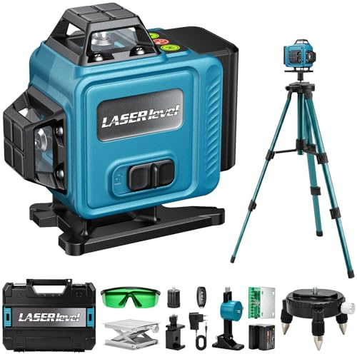 Nivel Laser Autonivelante 360 Grados con Tripode, 4D Nivelador Laser Verde con 4 x 360°16 Líneas, Laser Level Profesional IP54 Impermeable con 2 Baterías de 3000 mAh y Control Remoto