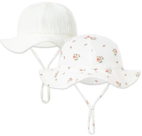 HTTDSLF 2 Pcs Chapeau Soleil Bébé Fille, Fille Coton Chapeaux de SoleilAjustable Naissance Bonnet UV Enfant Casquette Coton Casual Plage Vacances 0 à 2 Ans, Blanc et Fleuri