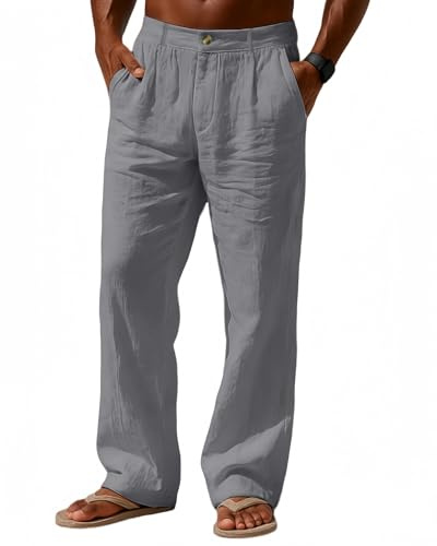 Casuayaloo Pantaloni da uomo in lino, leggeri, estivi, da spiaggia, vestibilità larga, con elastico in vita e cerniera, Grigio, L