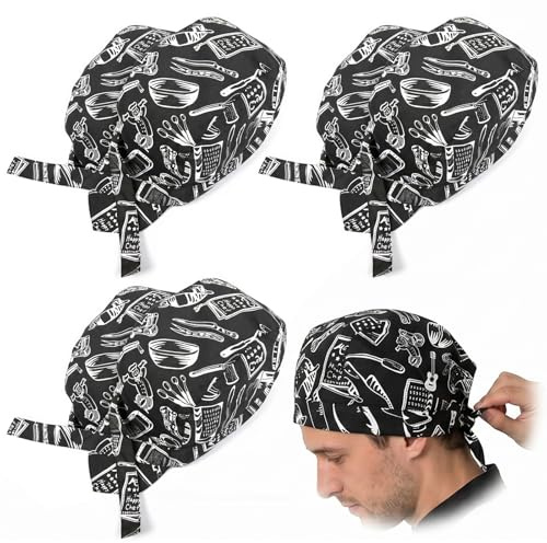 OQKAHIV 3 Pièces bonnets de cuisine réglables, Casquette de Cuisine Unisexe pour Hommes et Femmes Couvre -Chef de Cuisiner, Faire la Boulangerie, Grillades Bandana pour Restaurant, Maison, Boulangerie