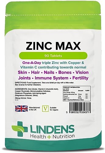 Lindens Zinc Max Tablets - 90 Pack - Provides 300% Nrv Dose, Fortified with Vitamin C & Copper to Contribute Towards Healthy Hair, Skin, Nails, Vision & Hormone Balance - UK Made, Letterbox Friendly