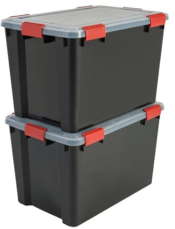Iris Ohyama, Boite Rangement Hermétique, 70L, Lot de 2, Noir, Couvercle avec Joint Etanche, 6 Clips de Fermeture, Empilable, pour Exterieur, Garage, Vetement, Anti Poussiere, Sans BPA, AT-LD