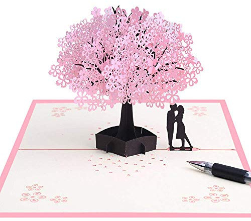 3D Card Handmade Pop Up Card with Romantic Lovers Under Cherry Tree,Wedding Card Greeting Card for Wife Husband Girlfriend Bride and Mother
