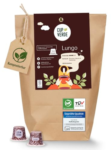 CUP VERDE 30 Lungo-kaffekapslar Nespresso* kompatibel/fint aromatisk/hållbar – klimatneutralt – rättvist handlat – skonsamt rostade