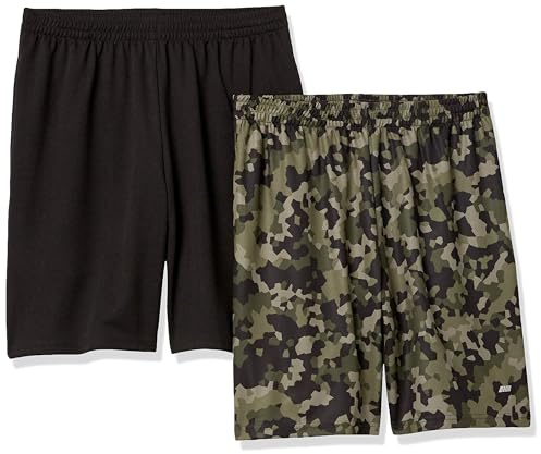 Amazon Essentials Pantaloncini da Allenamento Sportivi Tecnici ad Alte Prestazioni per Palestra e Basket, vestibilità Ampia Uomo, Pacco da 2, Nero/Verde Motivo Mimetico Geometrico, XL