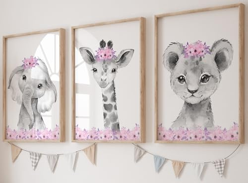 Safari Animals Set of 3 Baby Girls Unframed Nursery Prints, Bedroom Decor Wall Art Posters, Pink Floral, Giraffe Elephant Lion (A4)