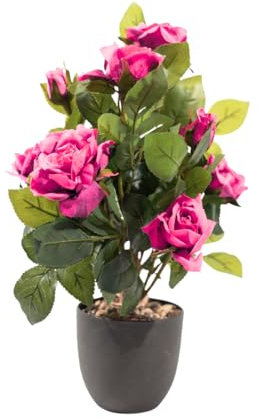 Garden Mile 40cm Artificial Rose Plant Pink Fake Flowers in Pot Realistic Potted Pink Roses Plant Faux Indoor Home Office Decoration Outdoor Rose Bush in Pot