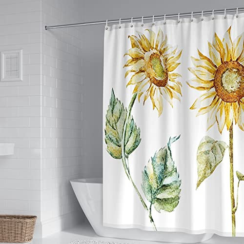 Aotiwe Duschvorhang für Badewanne, Bathroom Curtain Sonnenblumen Muster mit Pflanzen Motiv Polyester 150X200cm