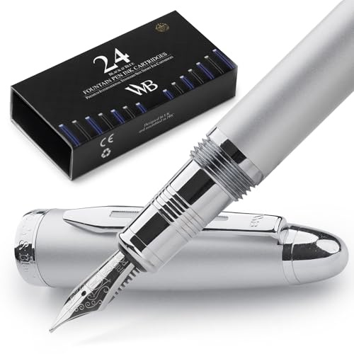Wordsworth & Black Majesti reservoarpenna (Silver) – Lyxigt fodral, 24K guldfinish, 18K förgylld mediumspets, bläckpatroner och konverterare ingår – Kalligrafipenna | Silver, present till män kvinnor, kromfinish, 18K tysk iridium, kalligrafi, omvandlare + 24 bläckpatroner, påfyllningsbar