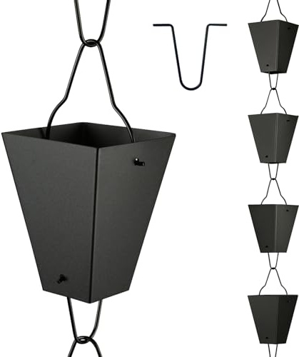 TE DEUM Square Link Rain Chain, 8.5 Feet Length, 3.7inch Big Size Cup, Black Powder Coated, Functional and Decorative Replacement for Gutter Downspouts, V Gutter Clip Included, Black