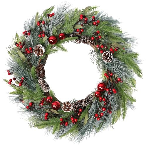 Weldomcor 60CM Weihnachtskranz Türkranz, Groß Weihnachtsgirlande Tannenkranz mit Weihnachtskugeln Kiefernzapfen Beere für Haustür Kamin Wanddekoration