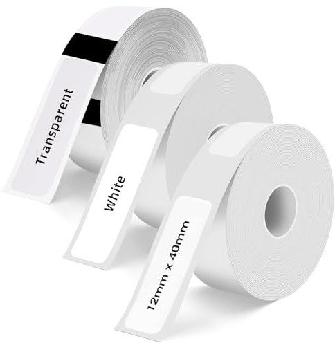 POFIBO Thermo Etikettenband 12x40mm, 3 Rollen Selbstklebendes Thermo Etiketten Papier, Etikettendrucker Thermoband Etiketten für Haus, Büro und Schule, Weiß und Transprantent