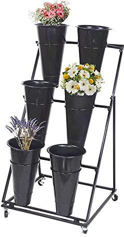 Kamnik Présentoir de fleurs en fer avec 6 seaux de fleurs, support pour plantes d'extérieur avec 4 roues, étagère pour plantes à 3 niveaux, étagère de fleuriste mobile décorative pour fleuriste de