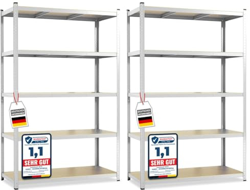 KARAT Lakota – Set di 2 ripiani robusti per carichi pesanti – Ripiani a innesto con 5 ripiani regolabili – Scaffalature in metallo ideale per cantina o garage – zincato, 200 x 120 x 60 cm