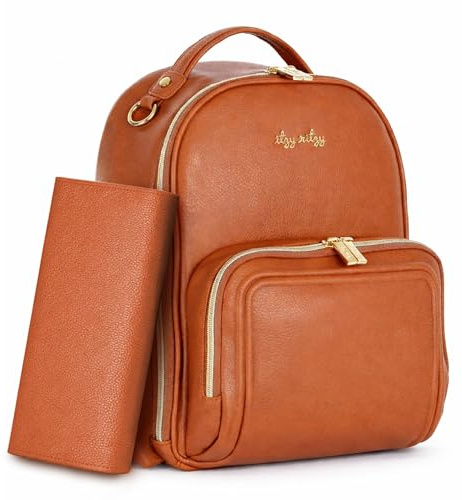 Itzy Ritzy Small Baby Changing Bag Backpack | Compact Nappy Bag with Changing Mat | Little Adventures, Perfectly Organised | Insulated Bottle Holders & Pram Straps | Diaper Rucksack for Mum (Cognac)