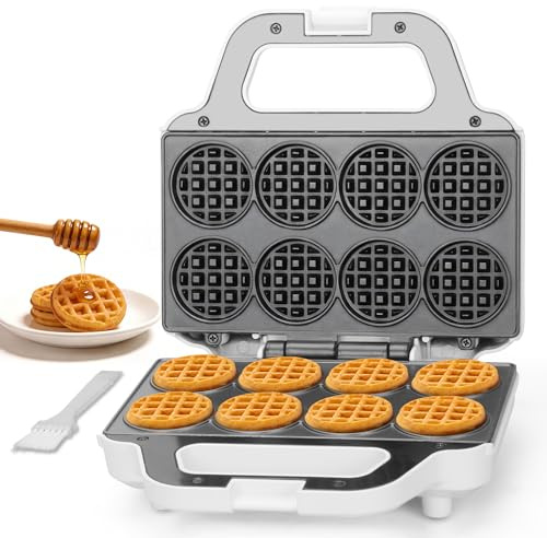 SugarWhisk Mini Waffle Maker Machine, Tiny Waffle Bites Iron for Kids, Bake 8 x 2'' Tiny Waffle Bites, Small Waffle Maker, Compact & Easy Use, Non Stick Surface, Recipe Included, White