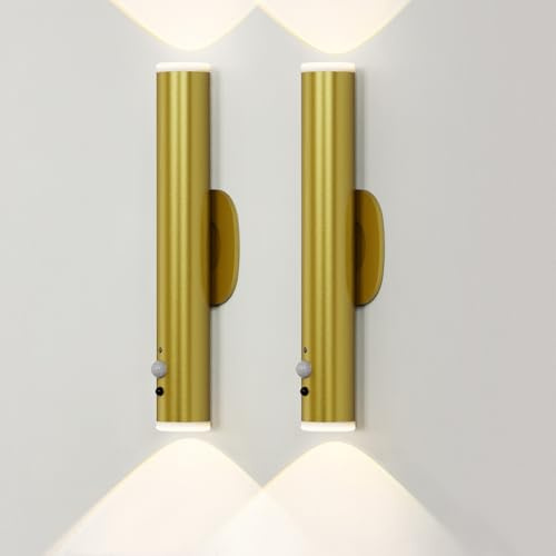 HARPER LIVING guld batteridriven vägglampa med rörelsesensor, uppladdningsbara LED-vägglampor för inomhusbruk, nattljus dimbar för sovrum trappbelysning (set om 2)