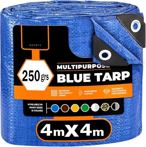 Telo Impermeabile Esterno, Telo Copritutto, Campeggio, Teli Impermeabili Per Esterno, Telo Occhiellato Antistrappo, Coperture Polietilene Multiuso, Telone impermeabile per esterno (4m x 4m 250grs)