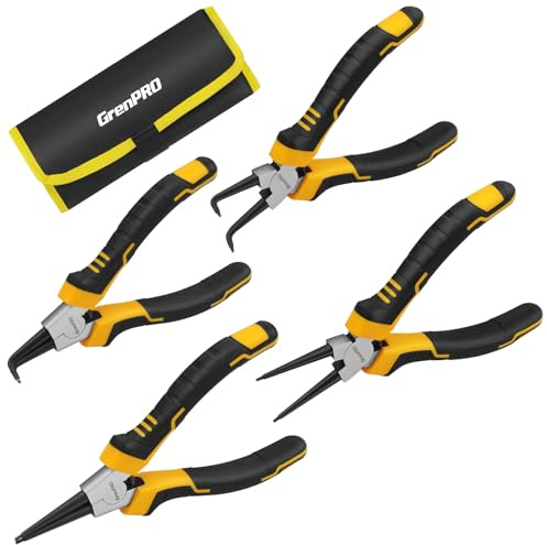 GRENPRO 4-Piece Snap Ring Pliers Set - 7-Inch Internal/External Circlip Pliers Kit (Straight/Bent Jaw, 5/64 Tip) for Ring Removal, Heavy Duty Chrome Vanadium Steel with Storage Pouch