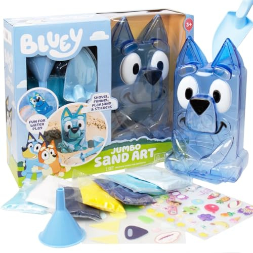 Bluey Jumbo Sand Art Toys, Bluey Reusable Sand or Water Filled Toys with Waterproof Blue Doll, Shovel and Funnel for Kids, Fun Sensory Toys for Kids, Big Activities