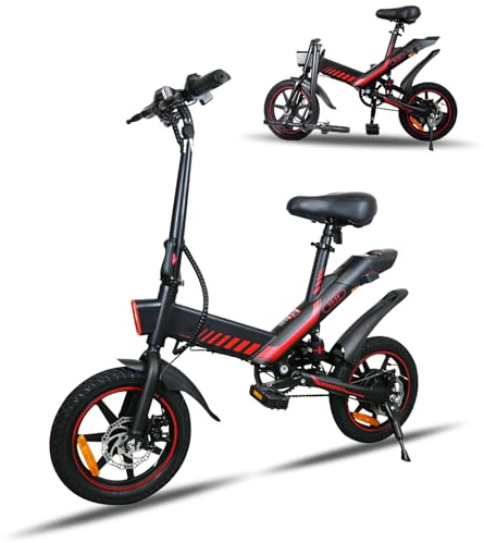 YOBACARID Bici Elettrica Pieghevole, 14 Bici Elettrica da 250W Motore 36V 10.4AH Batteria, Autonomia di 35-40 KM Bici Pieghevole da Città, E-Bike per Adulti E Adolescente (Nero-rosso)