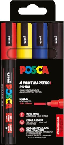 POSCA PC5M, 4 Marqueurs peinture base eau - Tout Support - Set Basique | Uni Mitsubishi Pencil - Pointe moyenne conique 1,8-2,5mm. Couleurs couvrantes, permanentes sur surfaces poreuses