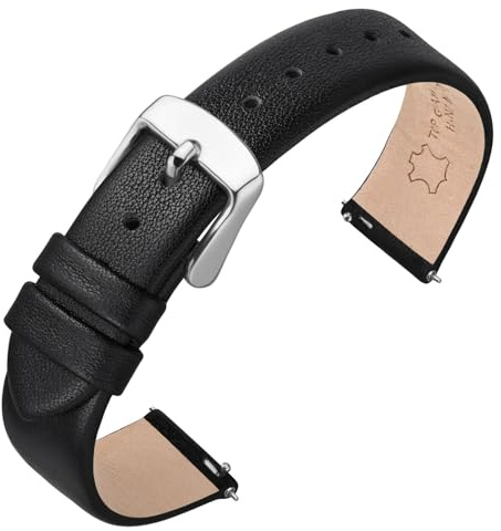 ANNEFIT Leder Uhrenarmbänder für Herren Damen, Schnellverschluss Ersatzarmband 20mm mit Silber Schnalle (Schwarz)