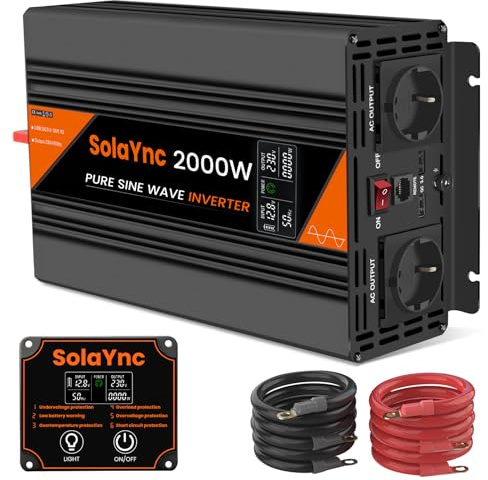 SolaYnc Inverter 2000W/4000W 12V 220/230V onda sinusoidale pura Inverter per auto con schermo LCD, telecomando, prese UE, porta USB, adatto per camper, roulotte, impianti solari