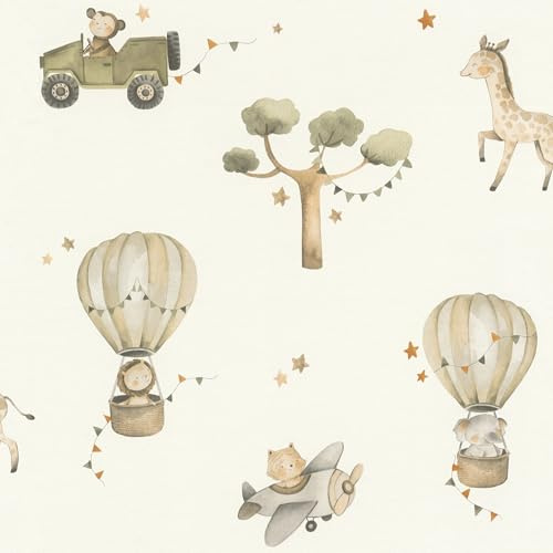Rasch Tapete 302011 - Vliestapete mit Safari-Tieren in Grün und Beige, Kindertapete Safari Abenteuer - Kollektion Kids World