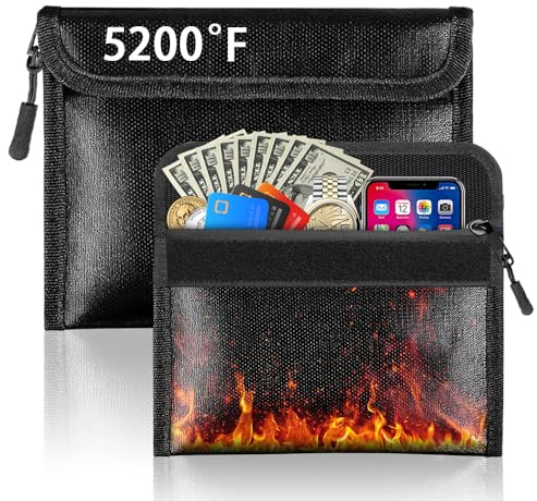 Uppsättning av 2 brandsäkra dokumentväskor (21,5 x 14 cm, 5 200 ℉), brandsäker plånbok med dragkedja för passväska, kontanter, kvitton, brandsäker kassett, vattentät och skydd för dokument