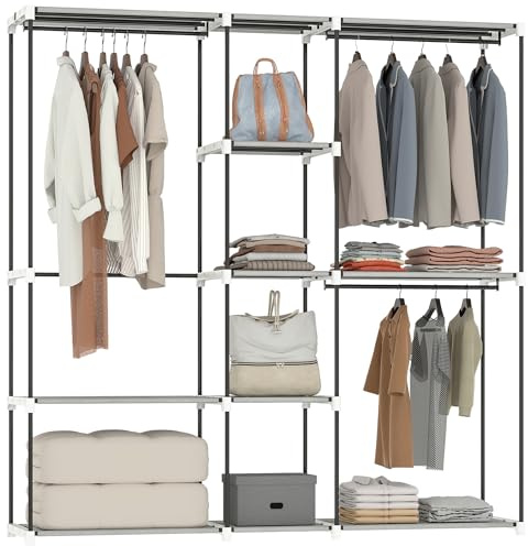HOMCOM Armario de Ropa, Perchero, 182x43x185 cm, Armario Abierto con 8 Estantes de Tela, Barras para Colgar, Marco de Metal, para Dormitorio, Salón, Vestidor, Gris Claro
