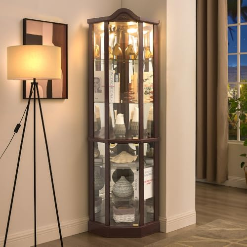 KEIKI 72 Corner Glass Display Cabinet with Adjustable Shelves, for Collectibles, Storage Curio Cabinet with Arched Floral Carving Decoration, 6-Tier Showcase Display Case, for Living Room, Cherry