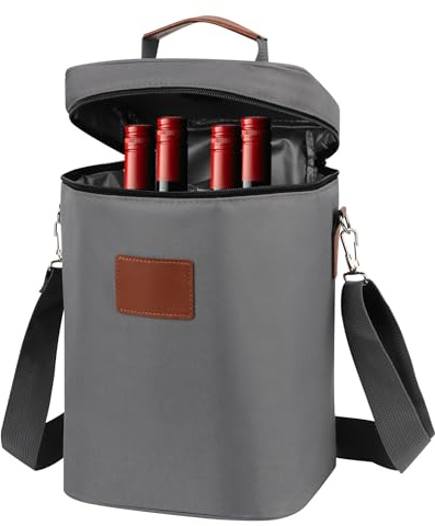 Bolsa Enfriadora de Vino Aislada, Bolsa Isotérmica para 4 Botellas, Portátil Bolsas de Bebidas Transporte al Aire Libre con Asa y Correa Ajustable, Botella de Vino Champán para Pícnic, Camping, Gris