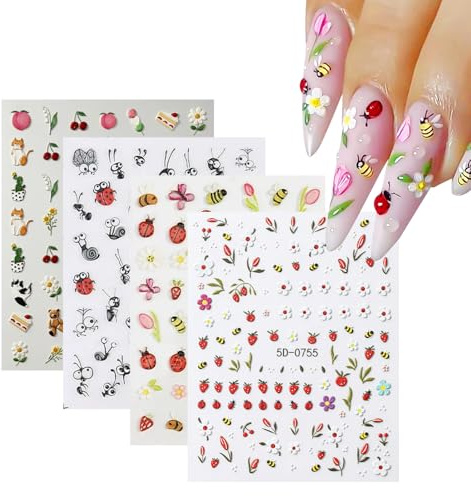 BIVYAX Sticker Ongle Autocollants Nail Art Ongles，4 Feuilles Décoration Ongles Adhésive Abeille Coccinelle Papillon，Stickers Ongles Nail Art 5D Relief Fleur Marguerite Fraise