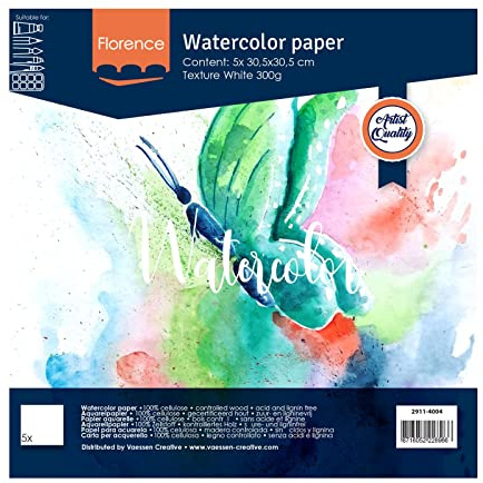 Vaessen Creative Papel de Acuarela Florence, 30,5x30,5 cm, Blanco Intenso, 300 gsm, Calidad de Artista, Superficie Texturizada, 5 Hojas para Pintar, Handlettering, Proyectos de Arte, 30,5 cm