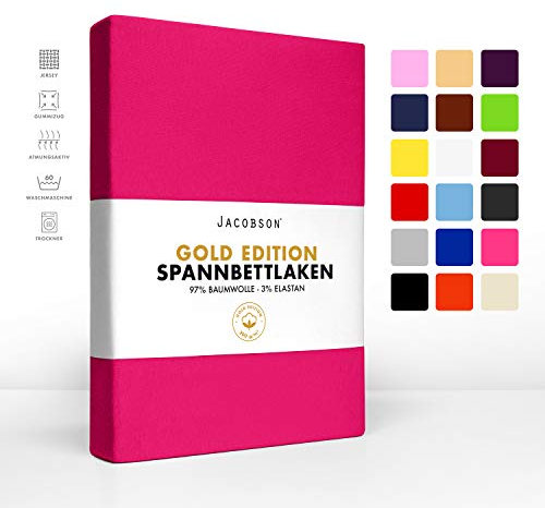 Jacobson Gold Edition Jersey Spannbettlaken Spannbetttuch Baumwolle mit ELASTAN ca. 200 g/m² (140-160 x 220 cm + 40cm, Pink)