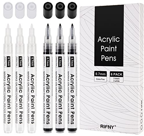 RIFNY Acrylstifte für Steine Wasserfeste, Acrylic Paint Marker Acrylfarben Set Stifte für Kinder DIY Glas Holz kerzen Keramik Metall Kunststoff (3 Schwarz + 3 Weiß)