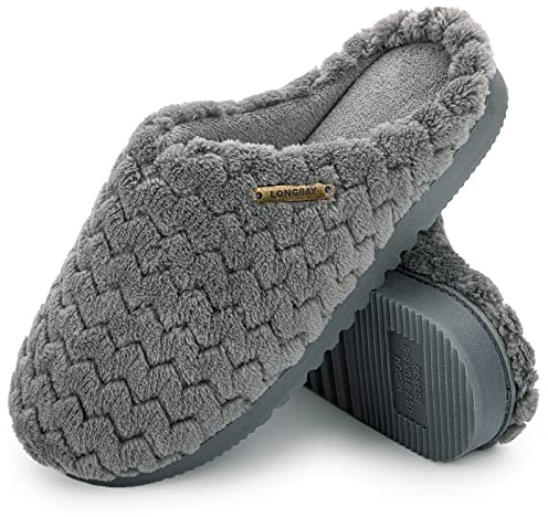 LongBay Women's Flannel Slippers Soft Memory Foam Slip on House Shoes Indoor Outdoor（5-6，Grey）
