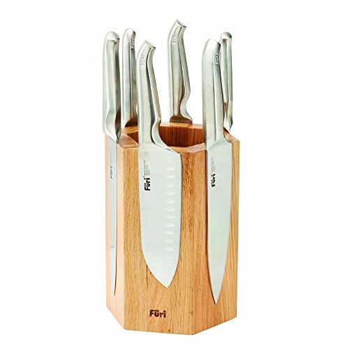 Furi Pro Magnetic Hexagonal Knife Block 7 pc, White Oak Knife Block with six Premium Knives for a Superior Cutting Performance, Stainless Steel Blades, Ergonomic Reverse-Wedge, Anti-Fatigue Handle