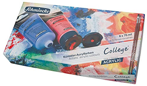 Schmincke - College Acrylic, Acrylfarbenset mit 8 x 75 ml Tuben + 2 da Vinci College Pinsel, 83 7711 097, Acrylfarben in Studienqualität, Grundsortiment, seidenmatt und lichtecht