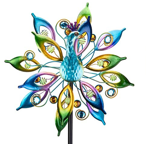 DREAMYSOUL Moulin à Vent cinétique Double Face en métal Motif Paon 40 x 165 cm
