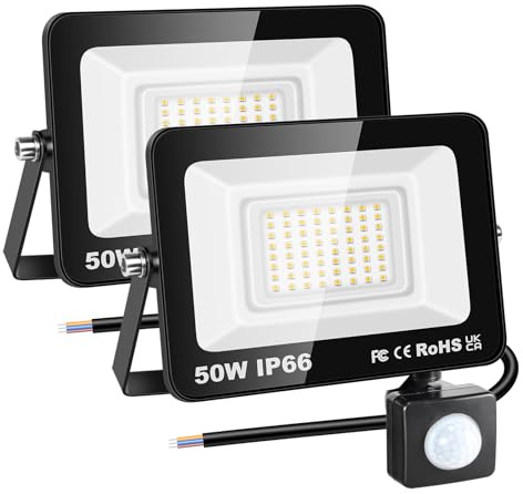 RIGIDON 2x PIR-rörelsesensor utomhus säkerhetslampa, 50W LED-strålkastare | 5000 lm, utan kontakt, 3000K varmvit, utomhusvägglampa, för trädgård, garage, bakgård, uteplats, husdörröppning, vattentät