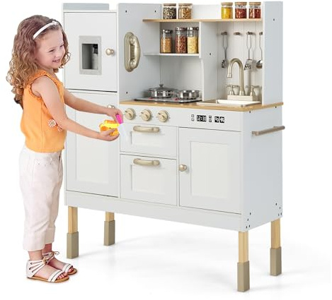 INFANS Kid Kitchen Playset, Toddler Wooden Pretend Cooking Set with Realistic Light & Sound, Stove, Sink, Microwave, Storage Cabinet, Play Kitchen Toy Set for Children Boys Girls