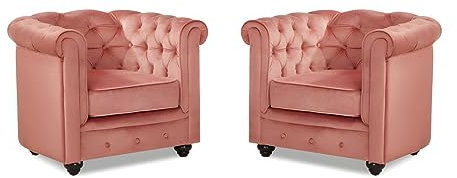 Vente-unique - Lot de 2 Fauteuils Chesterfield - Velours Rose Pastel